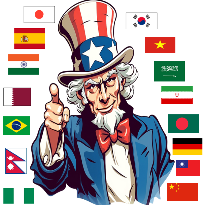 Uncle Sam surrounded by flags